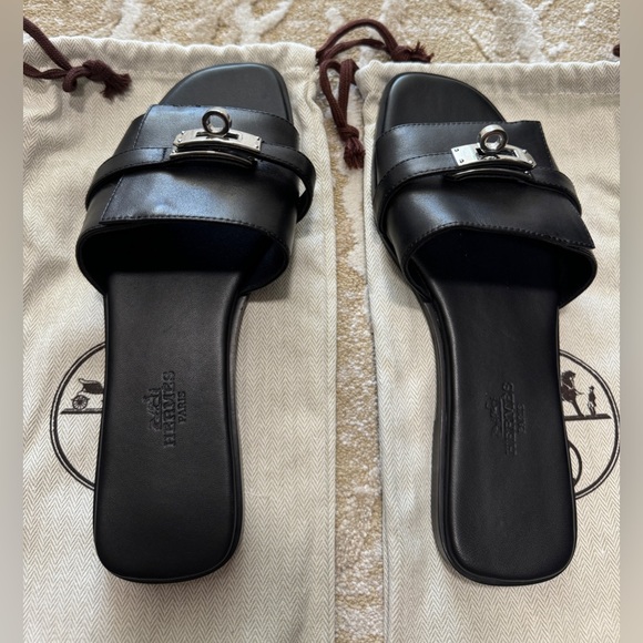 Hermes Calfskin Leather Sandals with Lock Palladium Hardware - Picture 3 of 6